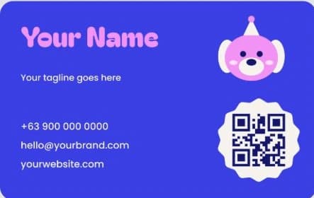Blue business card with contact details and QR code